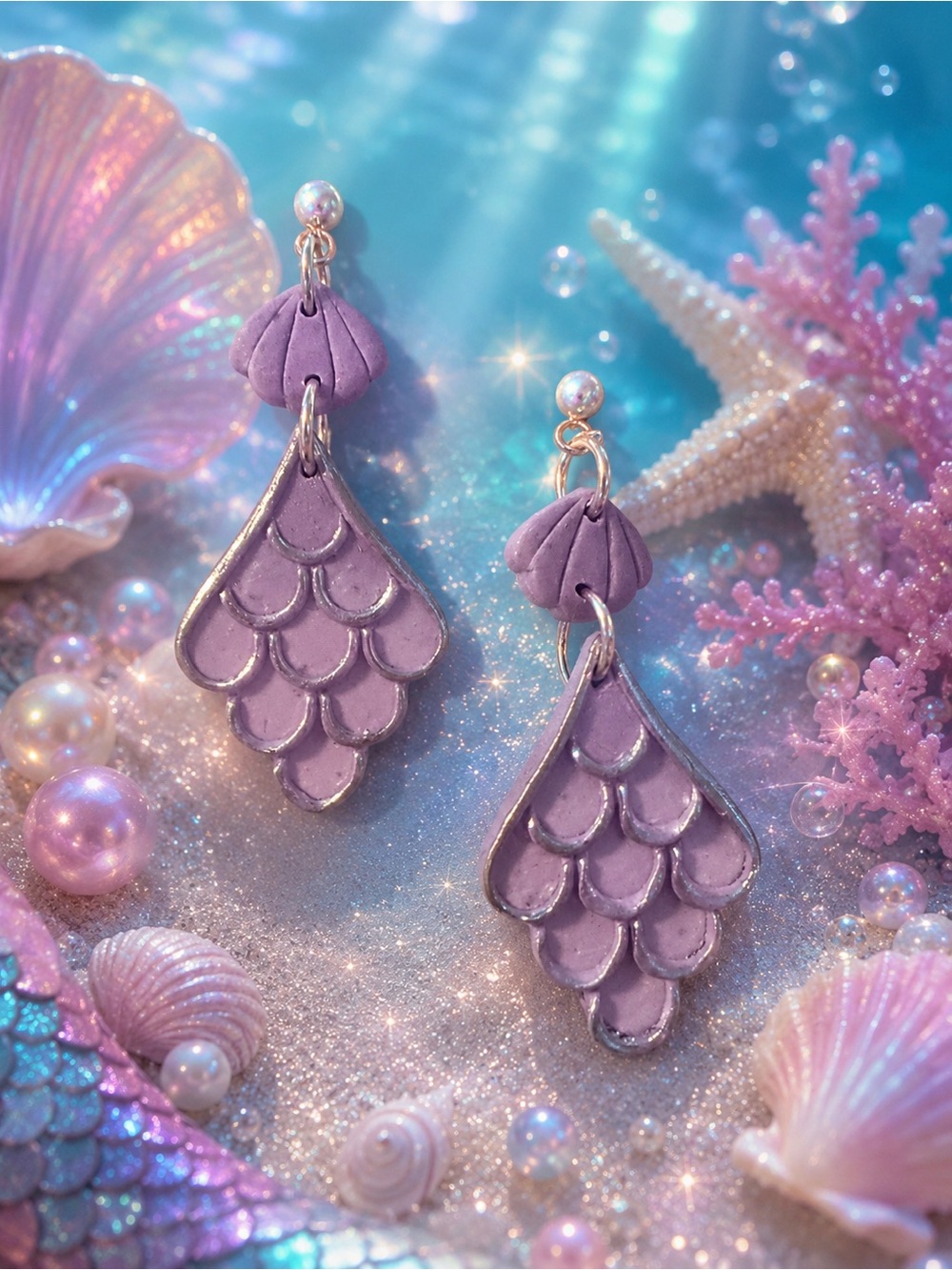 Handcrafted Lavender Mermaid Scale Dangle Handmade Polymer Clay Earrings